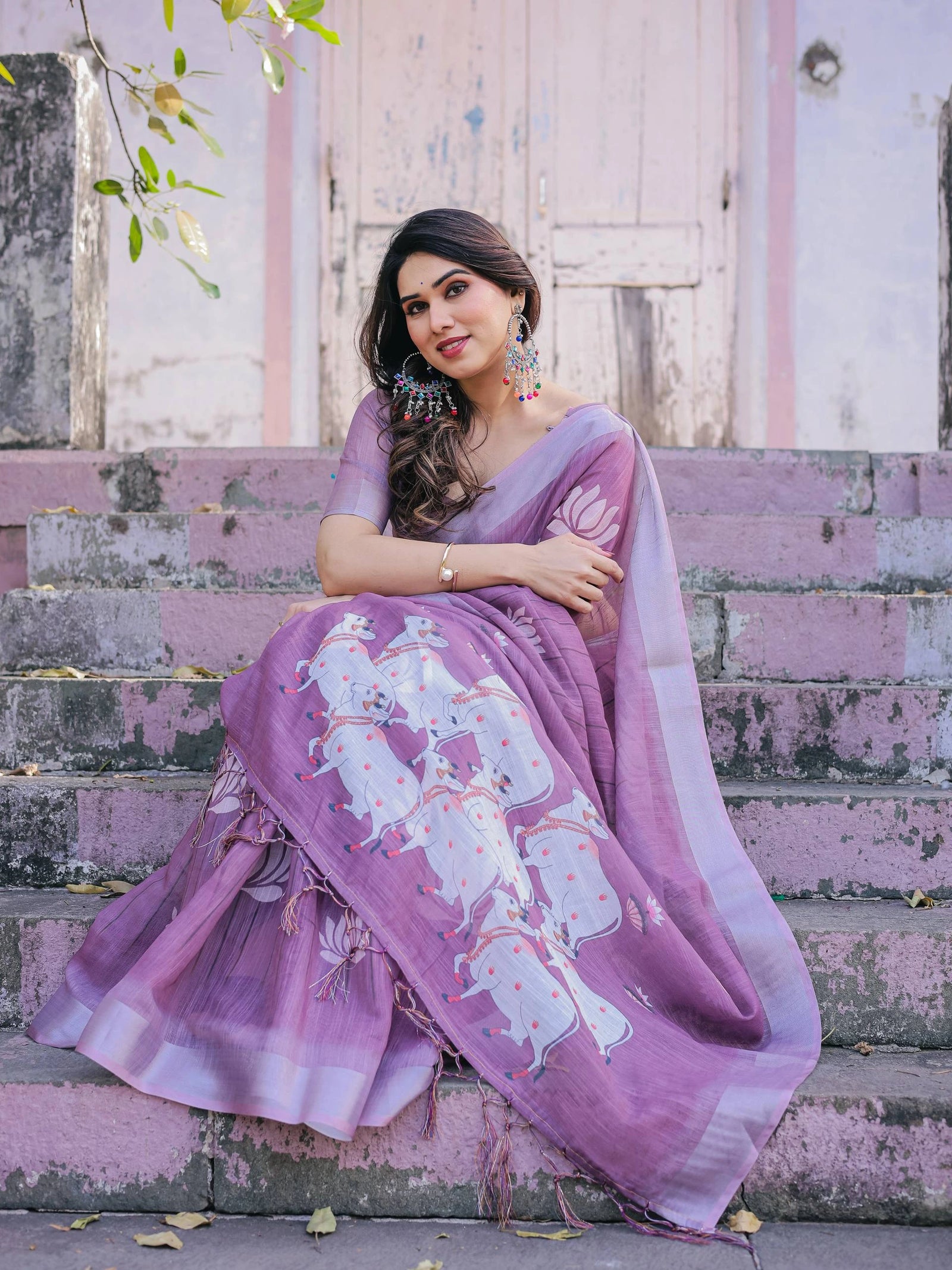 Printed purple soft linen cotton saree – Kalyanja.