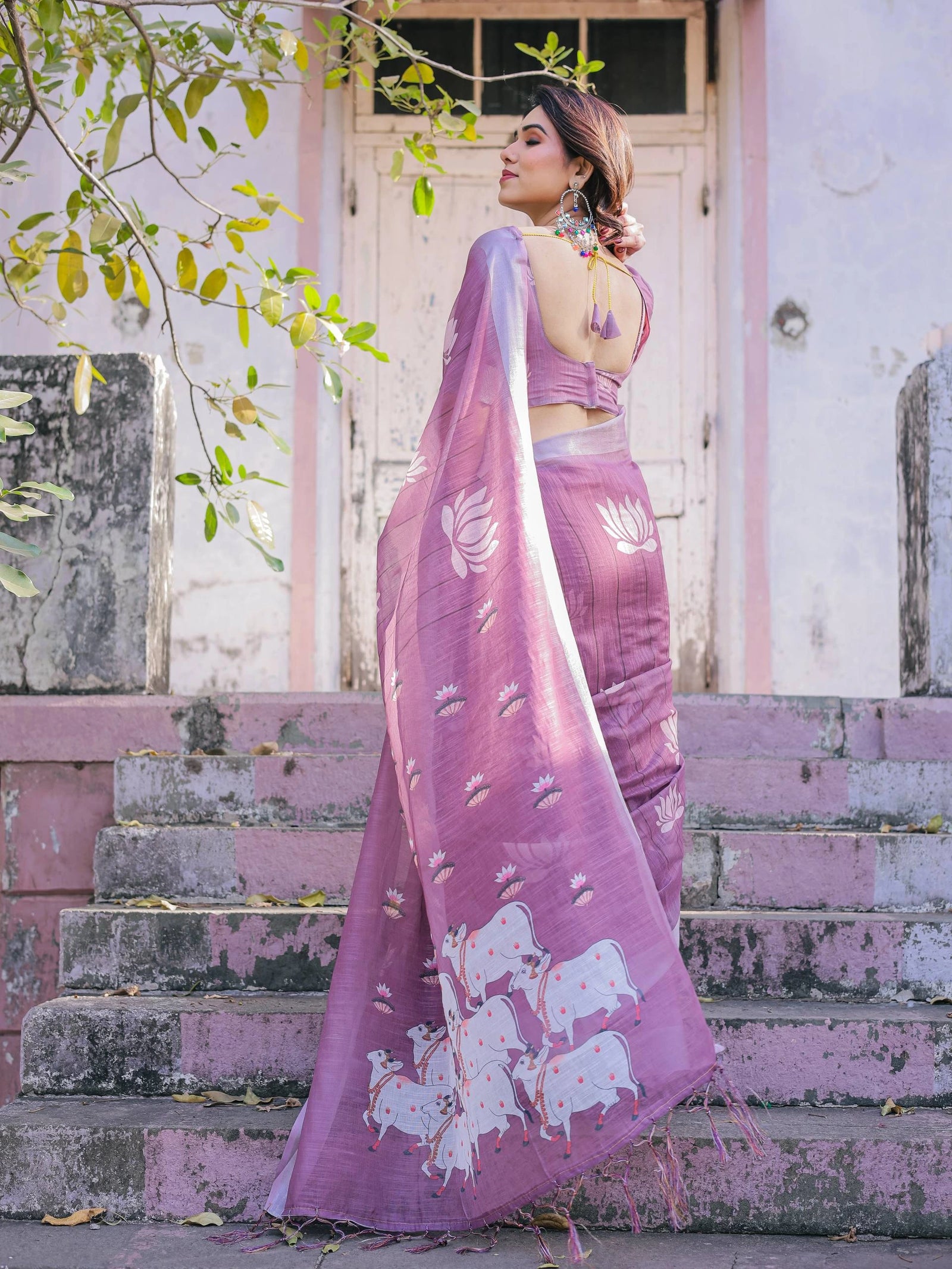 Printed purple soft linen cotton saree – Kalyanja.