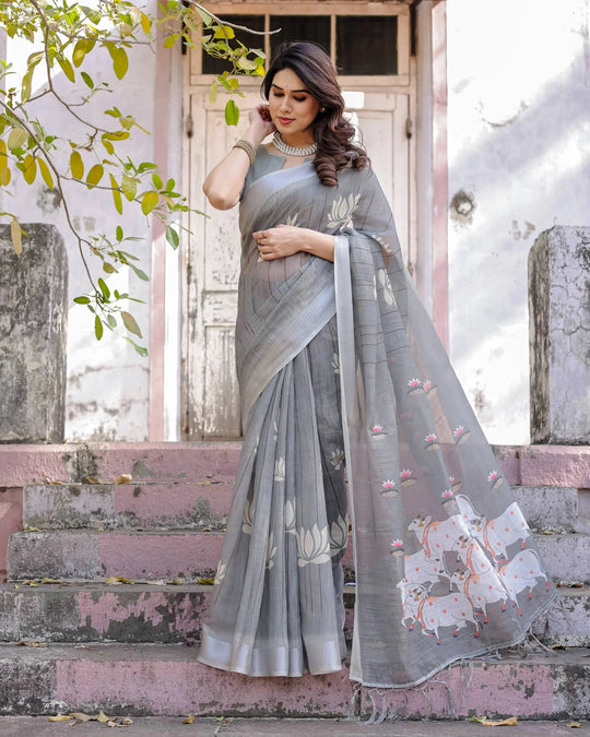 Gray Printed Soft Linen Cotton Saree - kalyanja