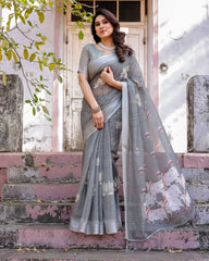 Gray Printed Soft Linen Cotton Saree - kalyanja