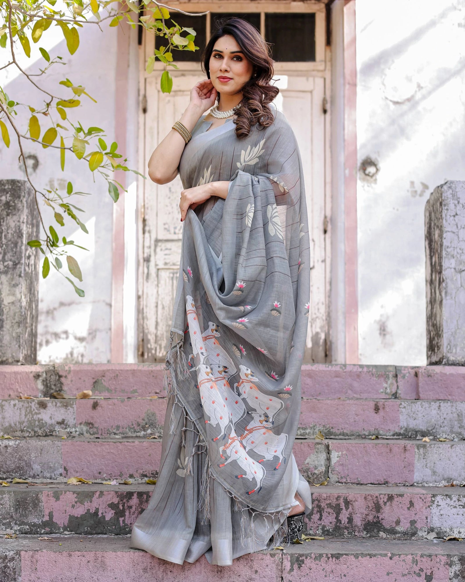 Gray Printed Soft Linen Cotton Saree – Kalyanja