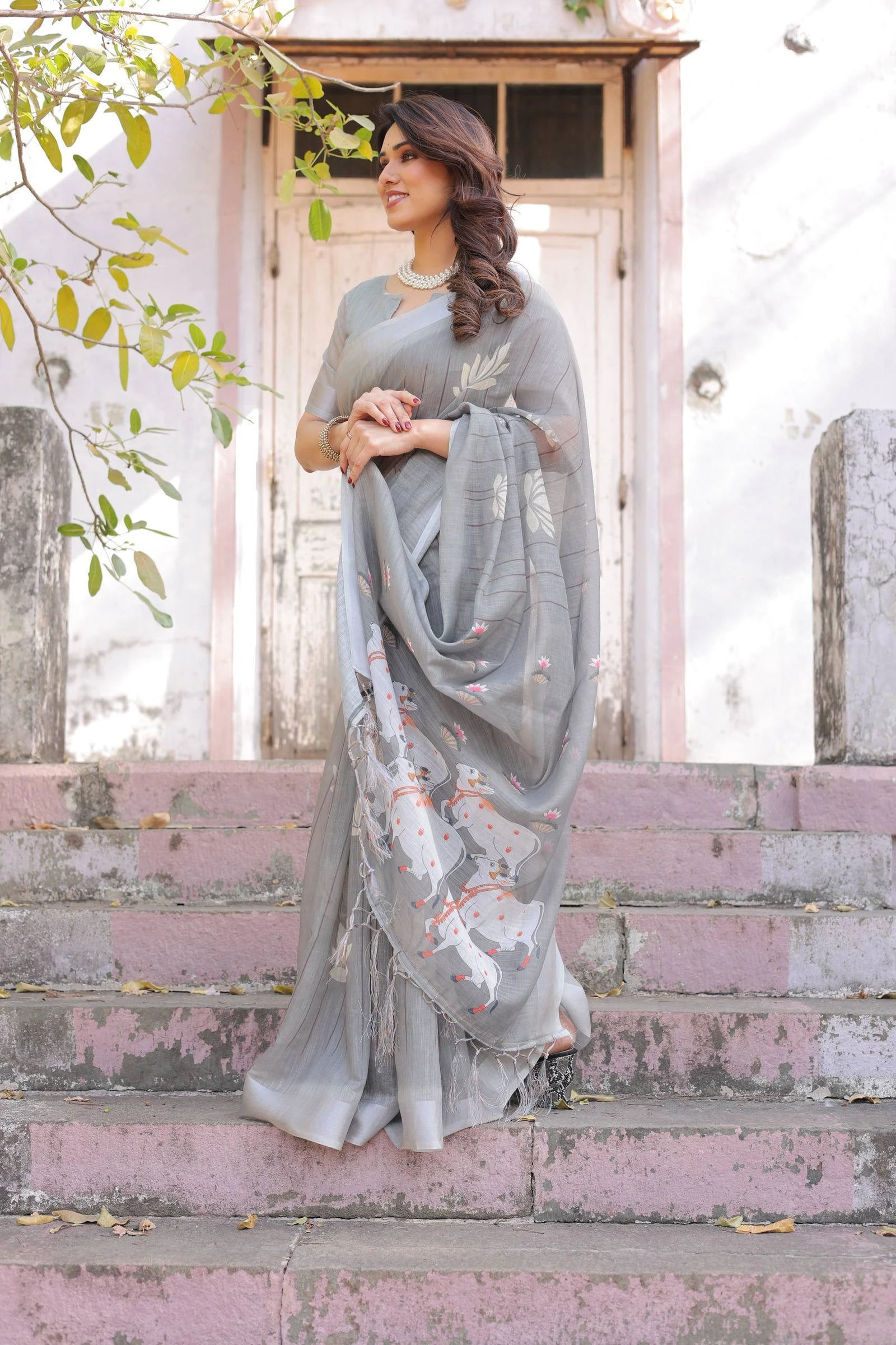 Gray Printed Soft Linen Cotton Saree – Kalyanja