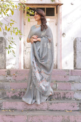 Gray Printed Soft Linen Cotton Saree – Kalyanja