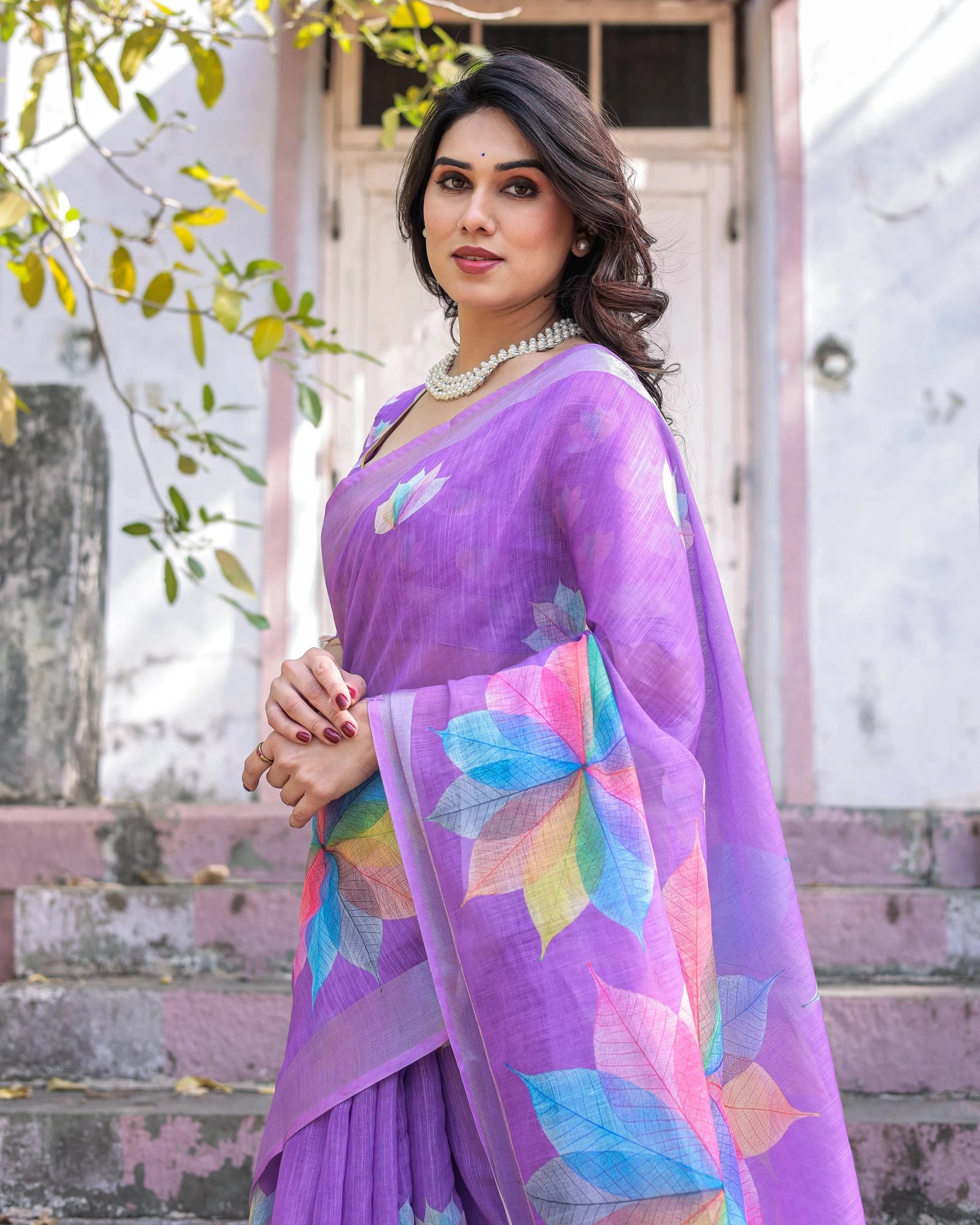 Purple Printed Soft Linen Cotton Saree