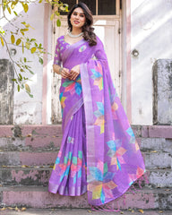 Purple Printed Soft Linen Cotton Saree