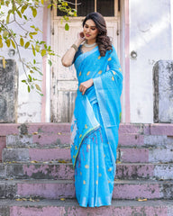 Blue Printed Soft Linen Cotton Saree