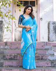 Blue Printed Soft Linen Cotton Saree
