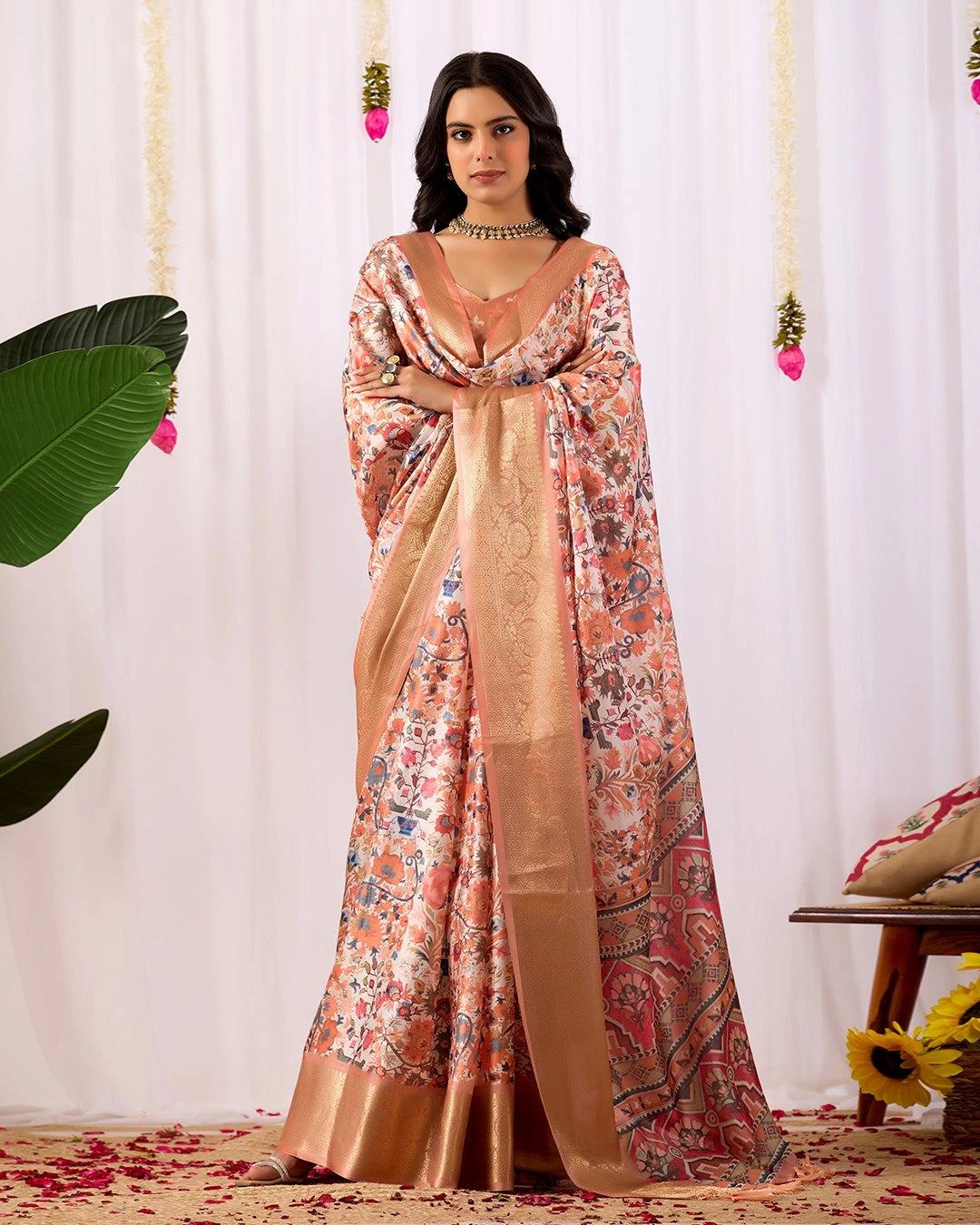 Buy Soft Peach Floral Lichi Silk Saree | Kalyanja