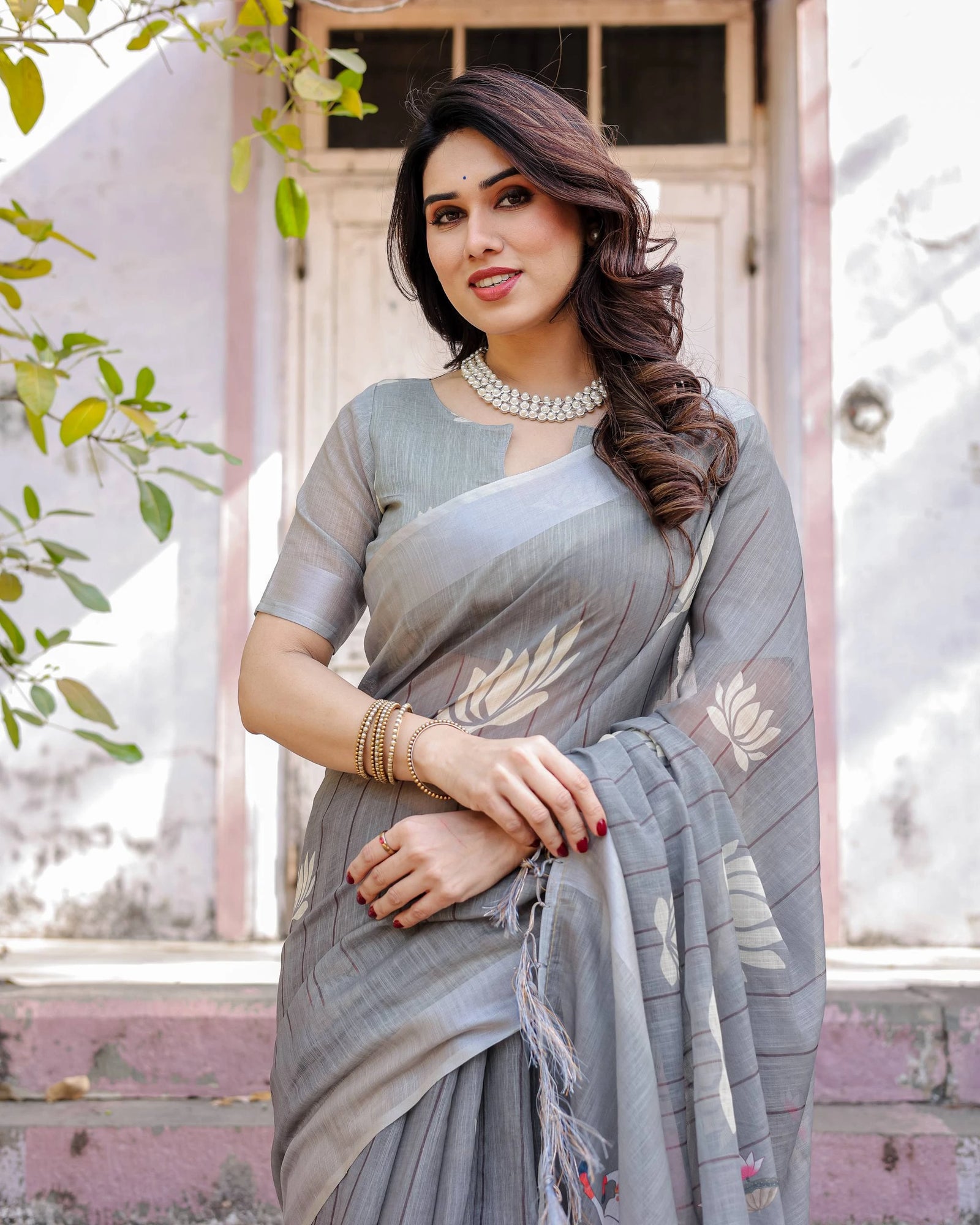 Gray Printed Soft Linen Cotton Saree – Kalyanja