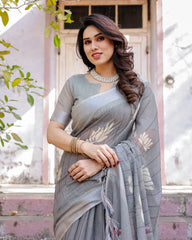 Gray Printed Soft Linen Cotton Saree – Kalyanja