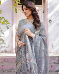 Gray Printed Soft Linen Cotton Saree - kalyanja