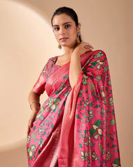 dark pink floral print zari woven soft lichi silk saree
