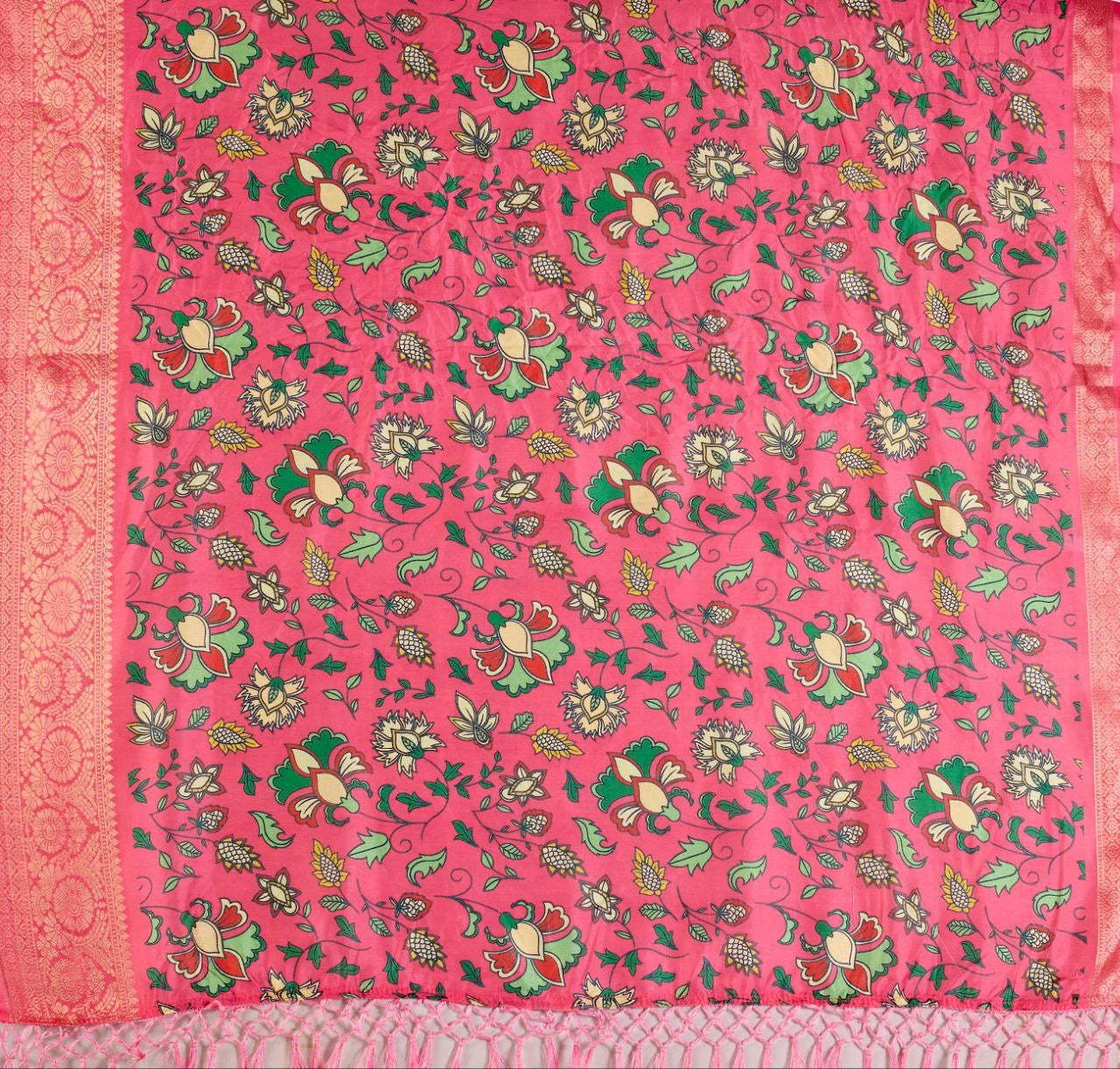 Dark Pink Floral Print & Zari Woven Soft Lichi Silk Saree - kalyanja