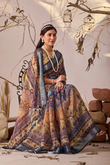 Beige Digital Floral Royal Ethnic Print Linen Cotton Saree