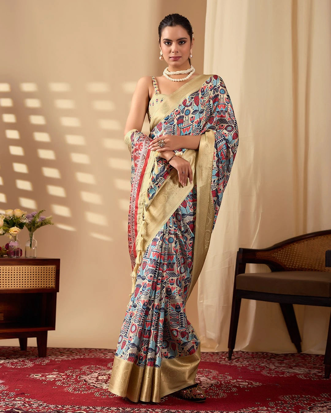 Buy Beige Digital Weaving Lichi Silk Saree | Kalyanja