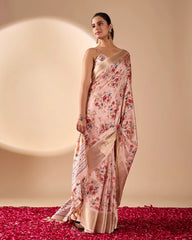 beige floral digital weaving golden zari border soft lichi silk saree