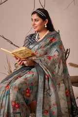 Shop Gray Digital Floral Linen Cotton Saree | Kalyanja