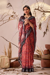 Deep Red Digital Floral Royal Ethnic Print Linen Cotton Saree