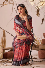 deep red digital floral royal ethnic print linen cotton saree