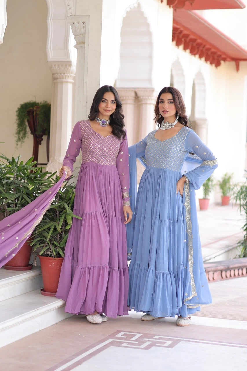 Lavender Pink Sequins & Zari Embroidered Vichitra Silk Gown – Kalyanja