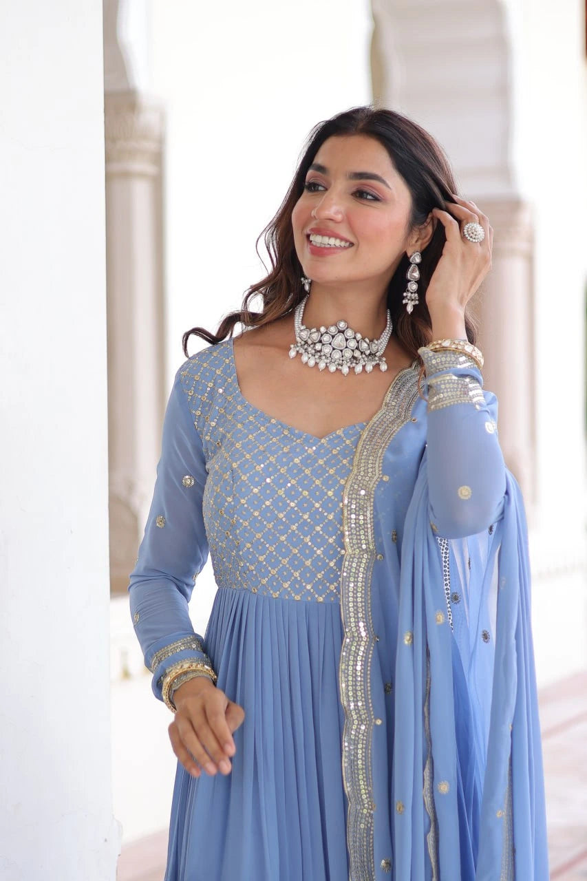 Blue Gray Sequins & Zari Embroidered Work Vichitra Silk Gown - kalyanja
