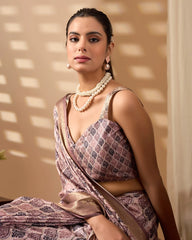 Beige Floral Digital Weaving & Golden Zari Border Soft Lichi Silk