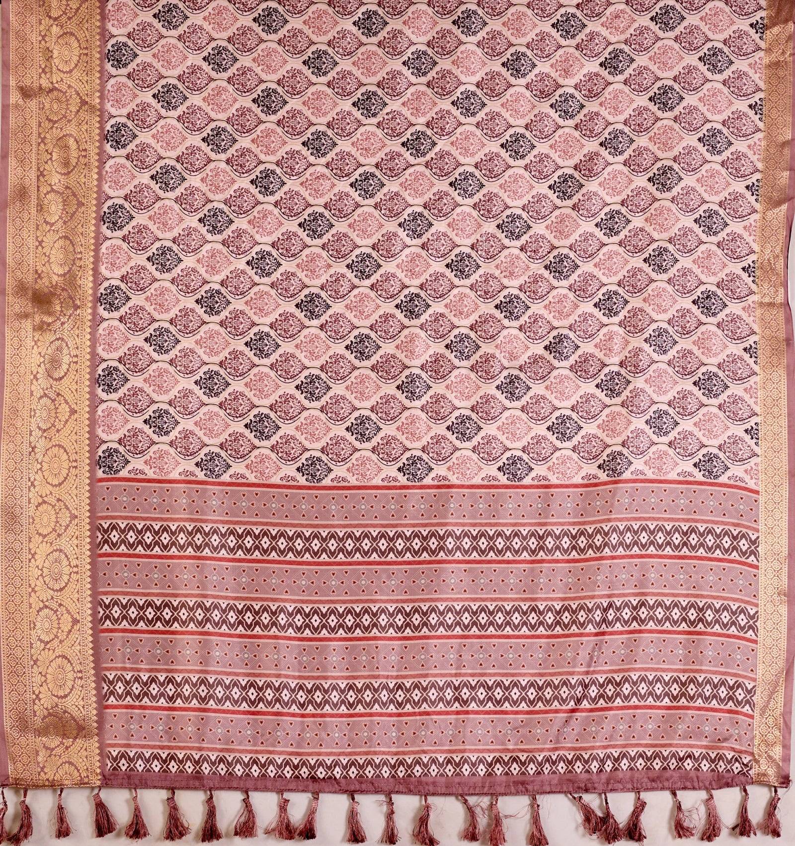 Beige Floral Digital Weaving & Golden Zari Border Soft Lichi Silk - kalyanja