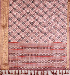 Beige Floral Digital Weaving & Golden Zari Border Soft Lichi Silk - kalyanja