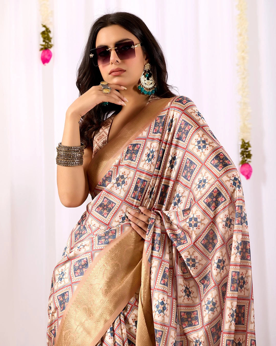 Beige Digital Print Zari Woven Border Soft Lichi Silk Saree