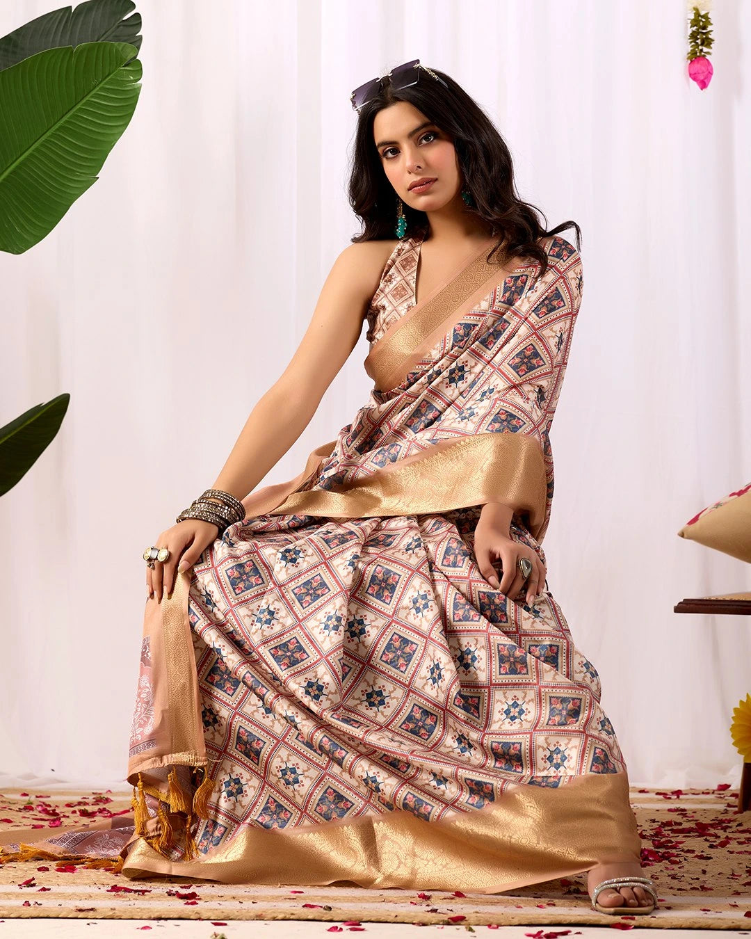 beige digital print zari woven border soft lichi silk