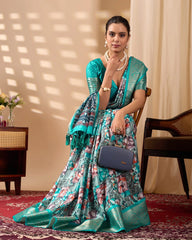 Rama Blue Artistic Abstract Floral Digital Print Soft Lichi Silk Saree