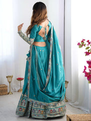 Multi-thread and sequin teal lehenga set – Kalyanja.