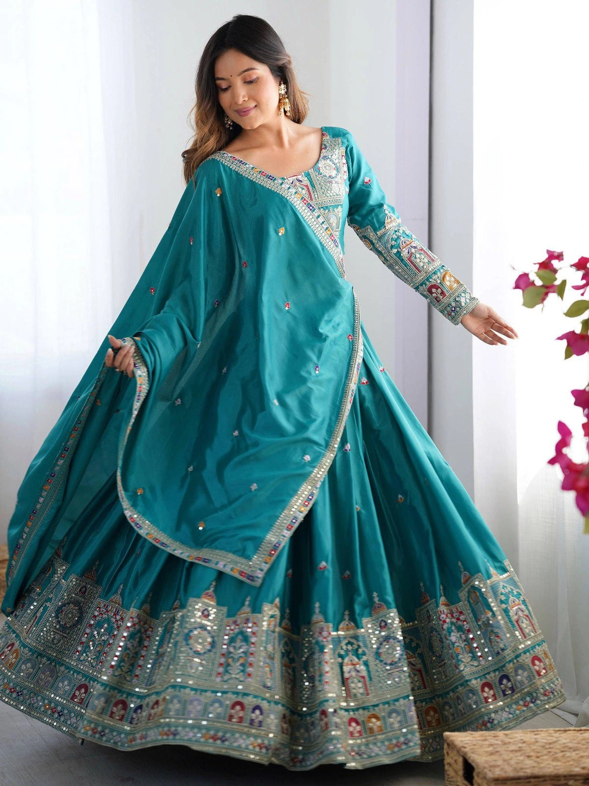 Multi-thread and sequin teal lehenga set – Kalyanja.