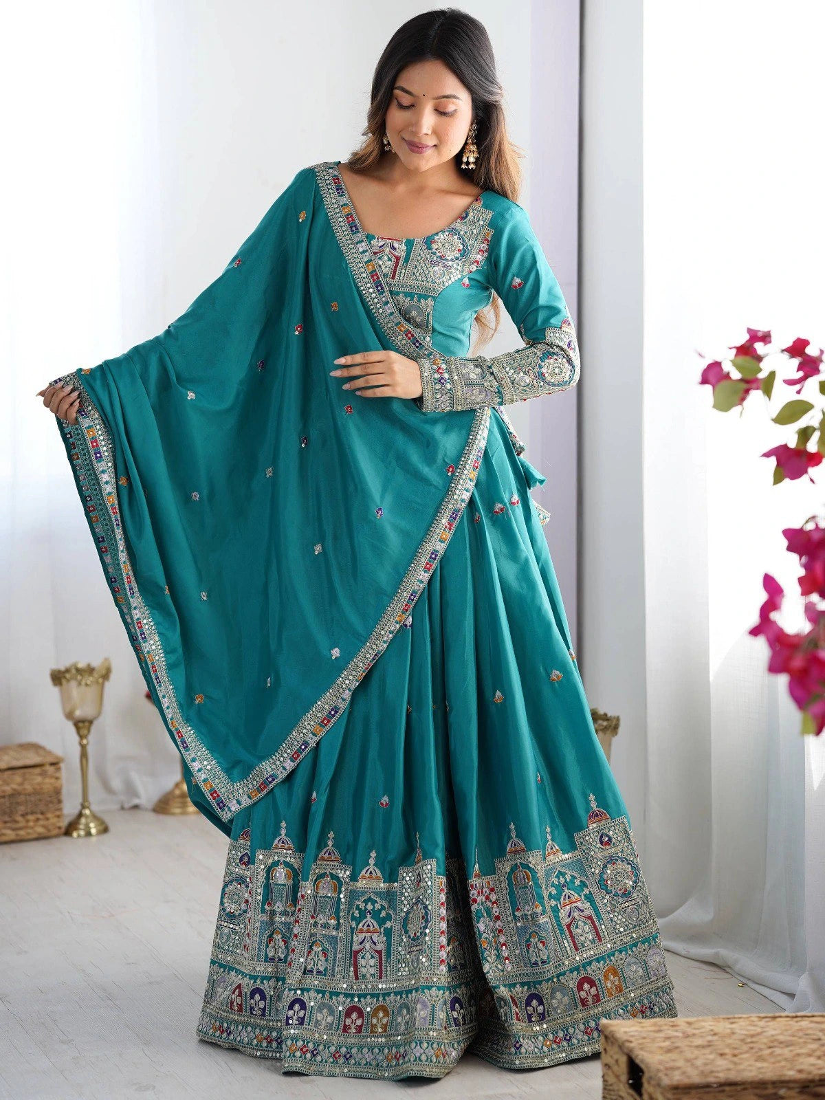 Multi-thread and sequin teal lehenga set – Kalyanja.