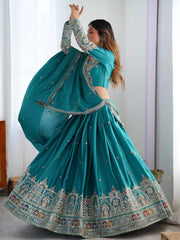 Multi-thread and sequin teal lehenga set – Kalyanja.