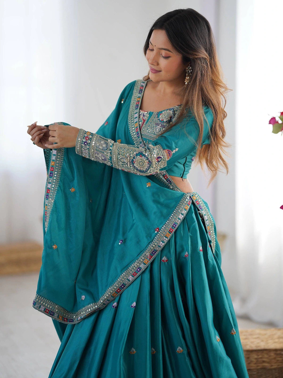 Multi-thread and sequin teal lehenga set – Kalyanja.
