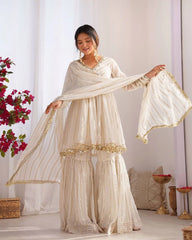 White Handwork With Mirror Work Mal Chanderi Suit
