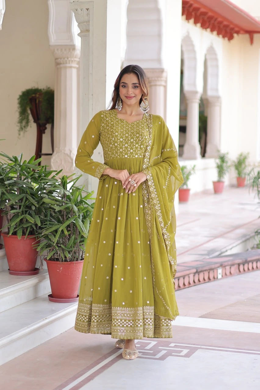 Lime Sequins Zari Embroidery Work Faux Georgette Gown