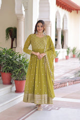 Lime Sequins Zari Embroidery Work Faux Georgette Gown
