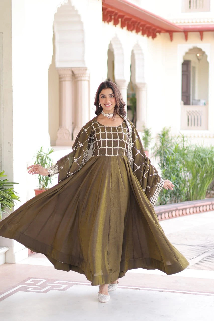Olive Green Classic Zari Embellished Gown Set