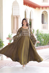 Olive Green Classic Zari Embellished Gown Set