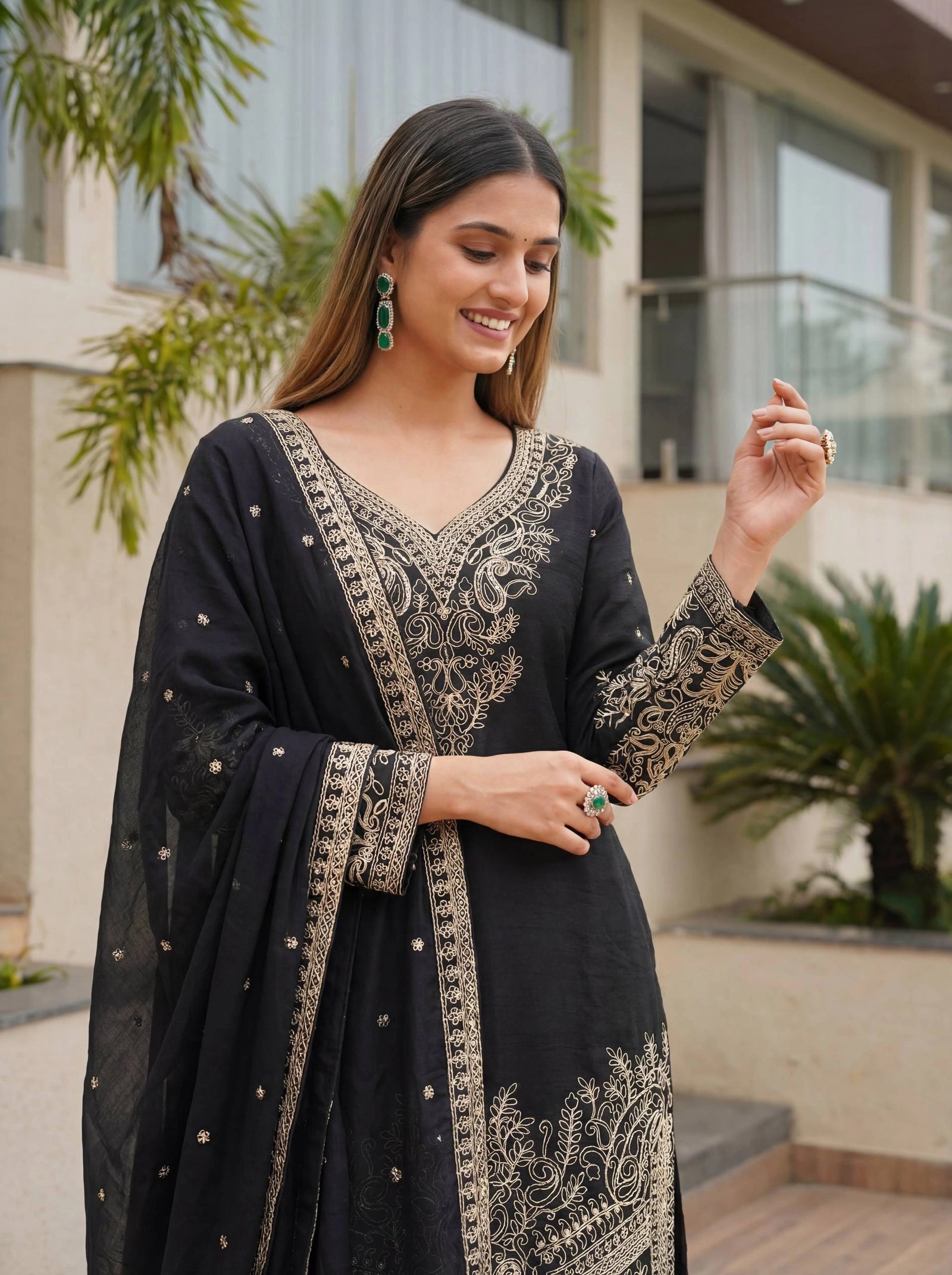 Black Sequins Codding With Embroidery Work Chinon Silk Suit