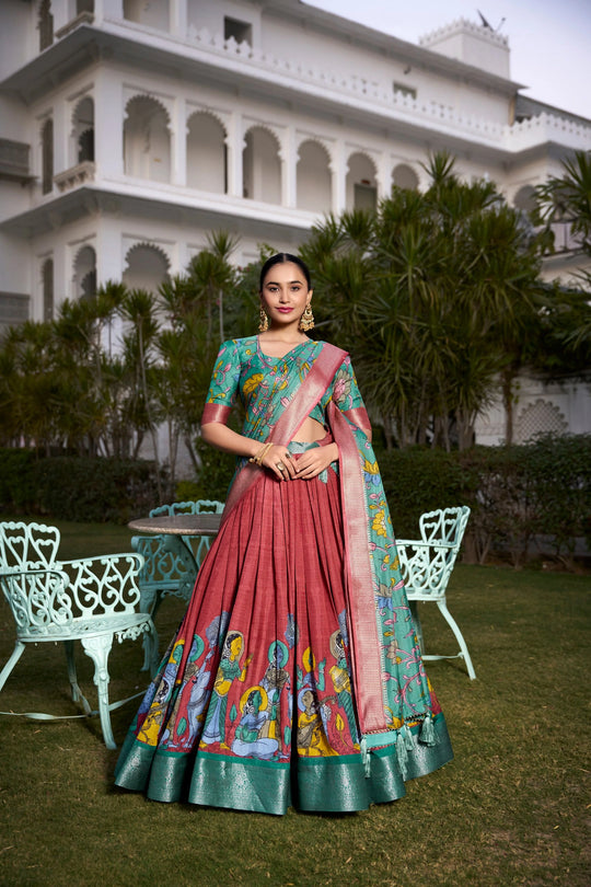 Kalamkari print Nehal Tusser silk lehenga – Kalyanja.