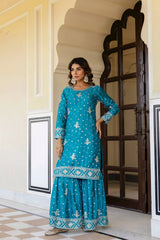 Blue Zari Embroidered Sequins Work Chinon Silk