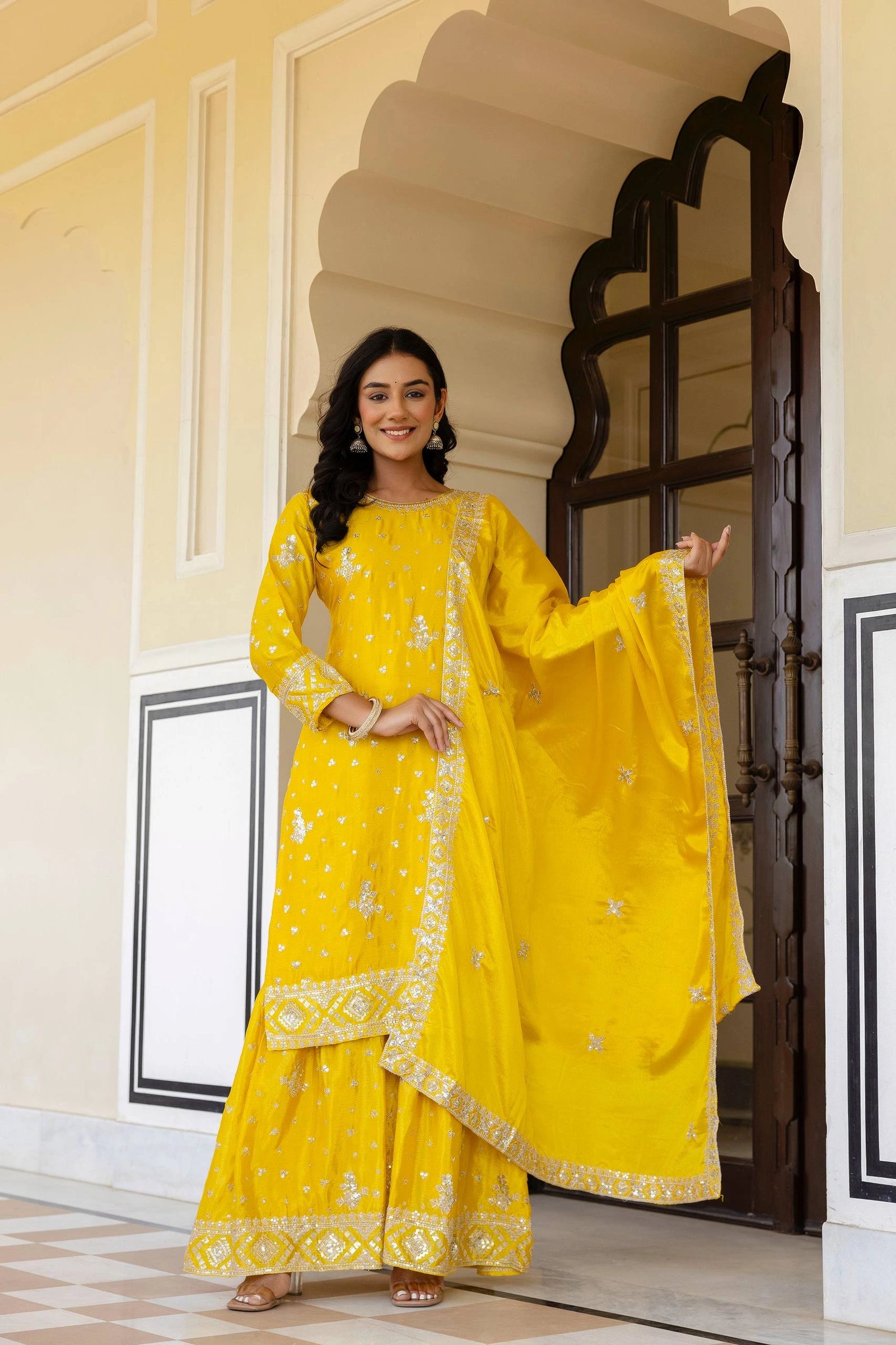 Silver embroidered teal Chinon silk suit – Kalyanja.
