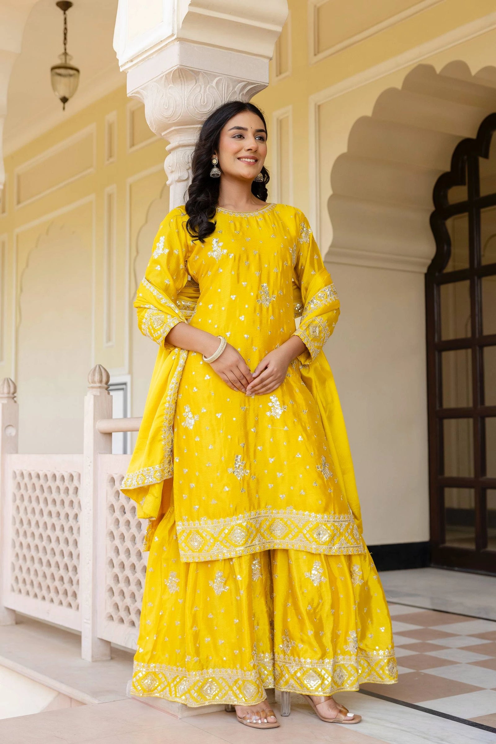 Silver embroidered teal Chinon silk suit – Kalyanja.