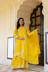 Silver embroidered teal Chinon silk suit – Kalyanja.