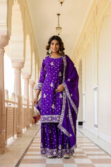 Silver embroidered purple Chinon silk sharara suit – Kalyanja.