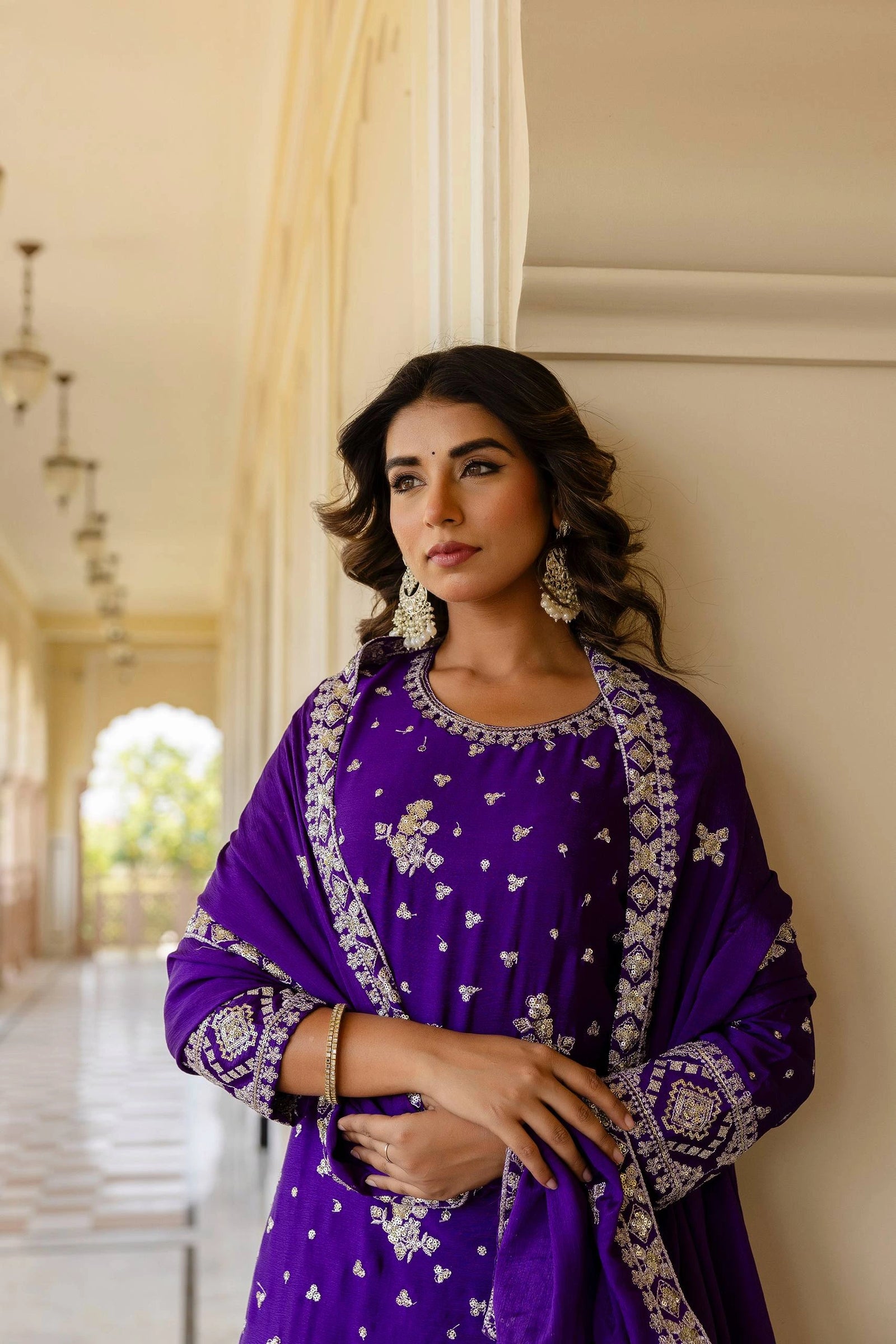 Silver embroidered purple Chinon silk sharara suit – Kalyanja.