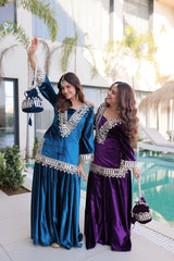 Deep Purple Mirror Work Zari Embroidered Velvet Suit
